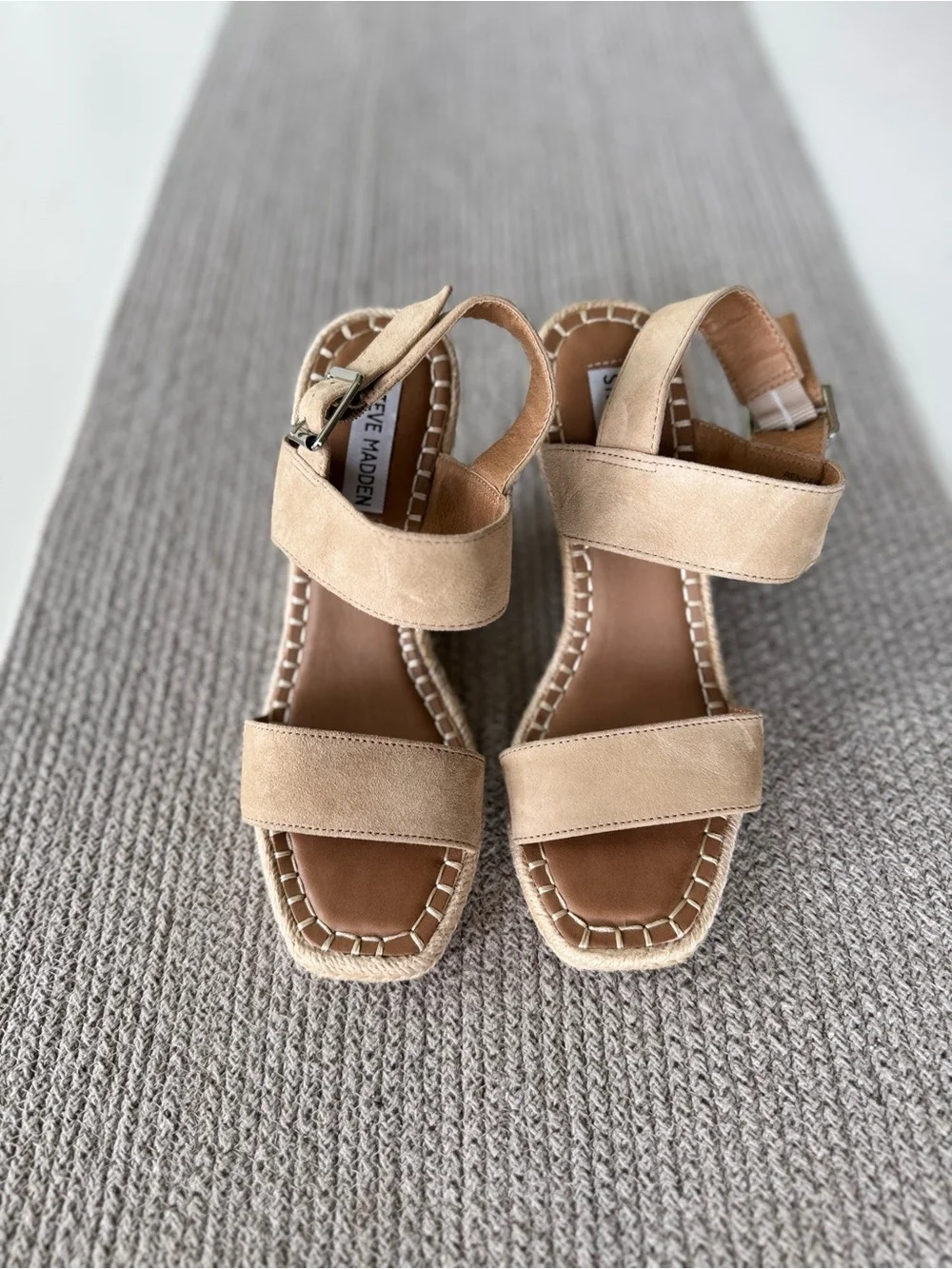 Steve Madden Beige Tan Genuine Suede Leather Espadrille Wedge Sandals Sz 6.5